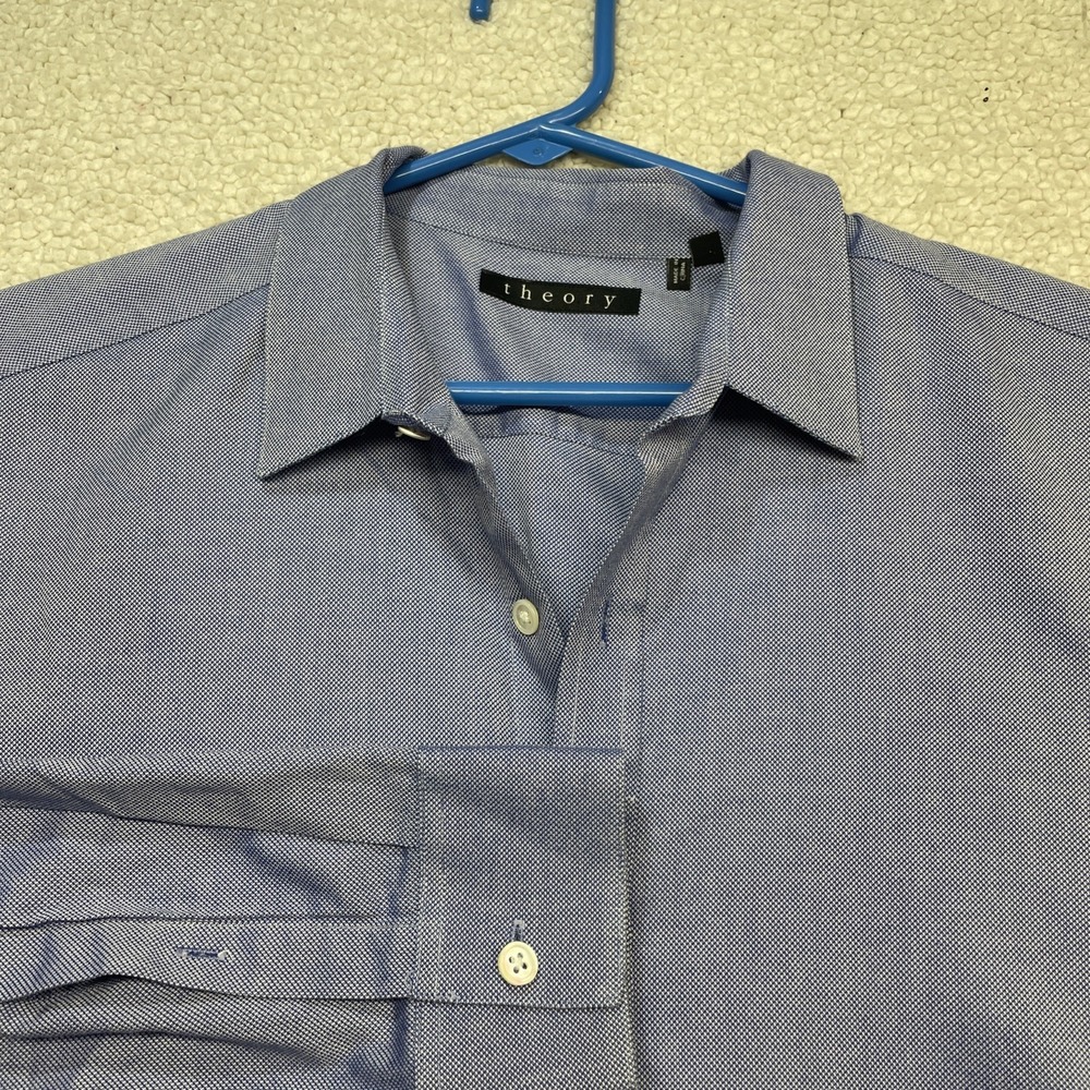 Theory Button Down Mens L Blue Sylvain Micro Pattern Long Sleeve Cotton Shirt